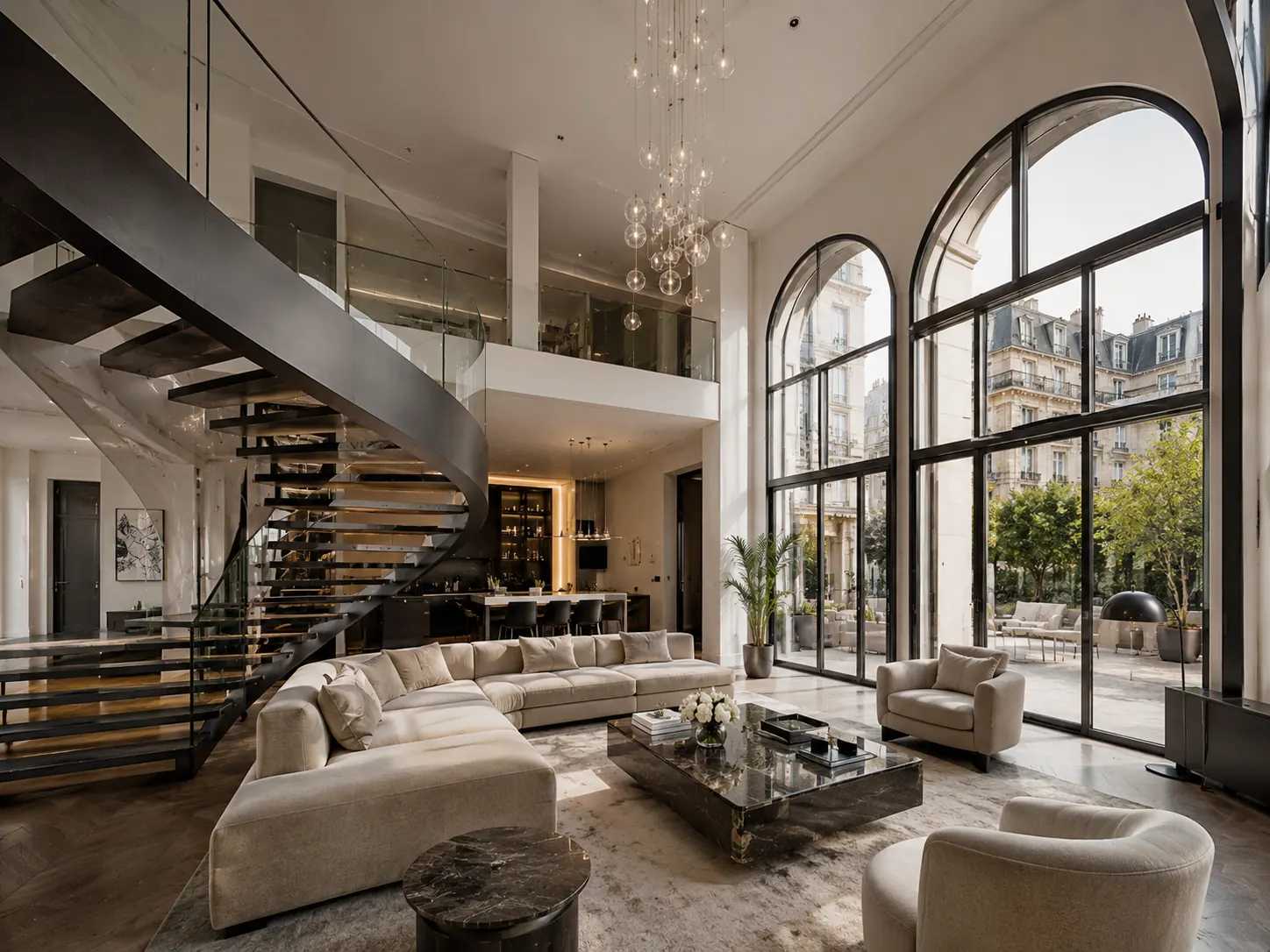 Appartement contemporain avec grandes ouvertures, escalier design et prestations haut de gamme à Paris