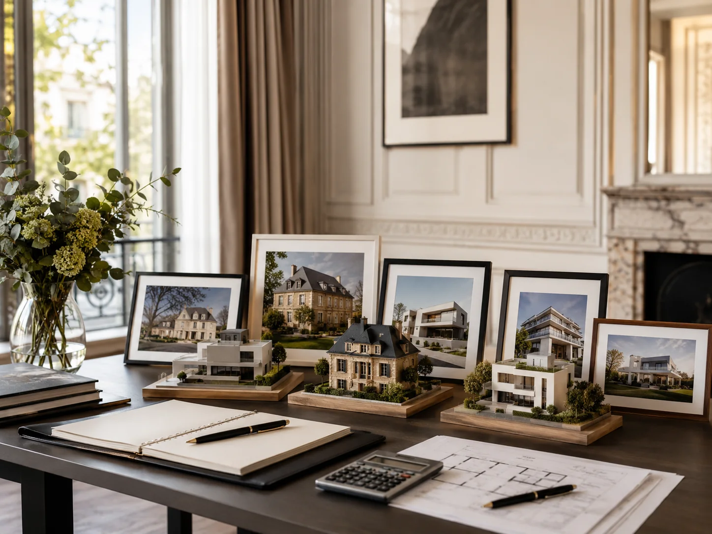 Maquettes, photos de propriétés et documents posés dans un intérieur haut de gamme pour illustrer un patrimoine immobilier