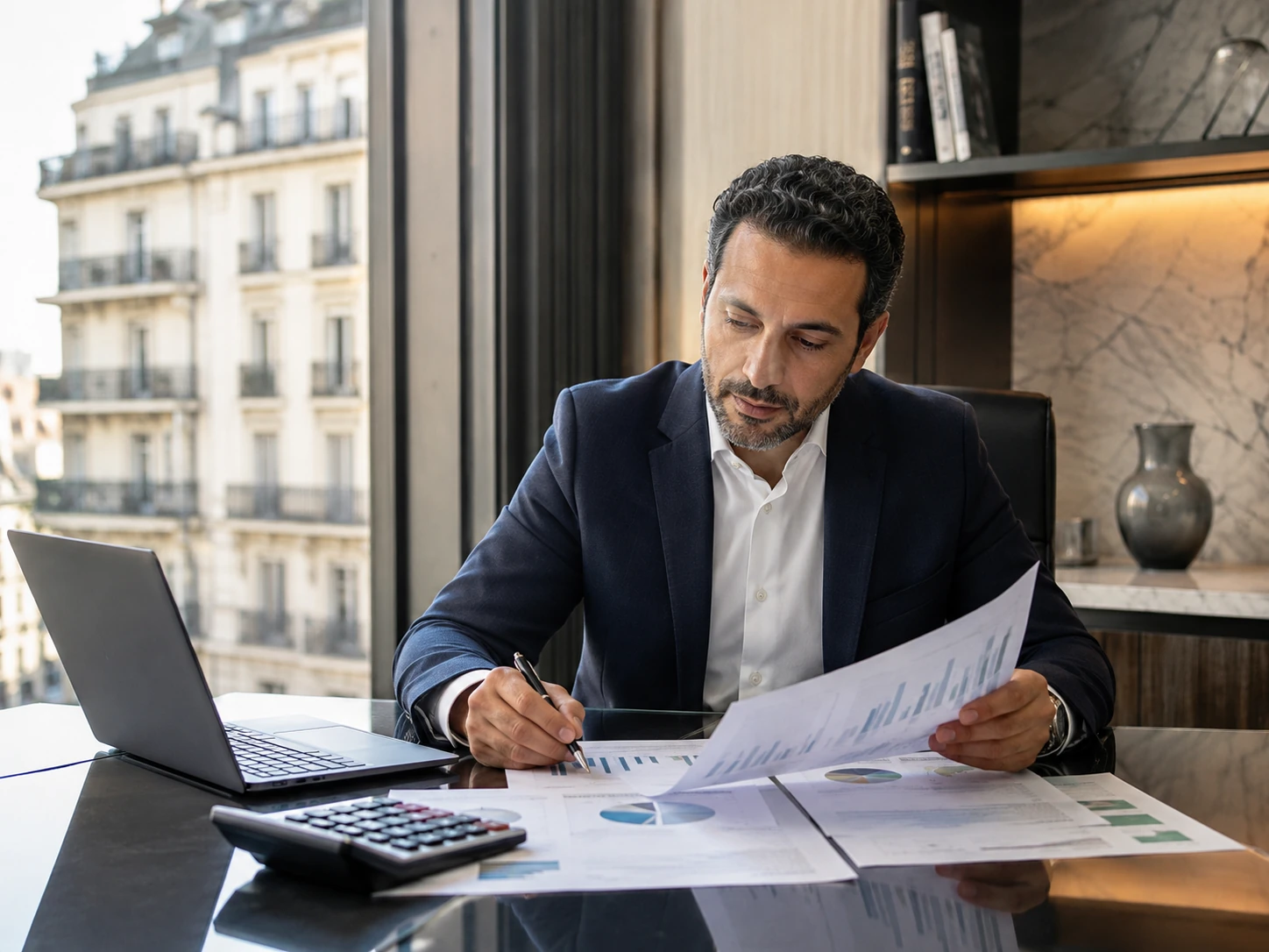 Investisseur étudiant des graphiques financiers pour évaluer la rentabilité d’un immeuble de rapport