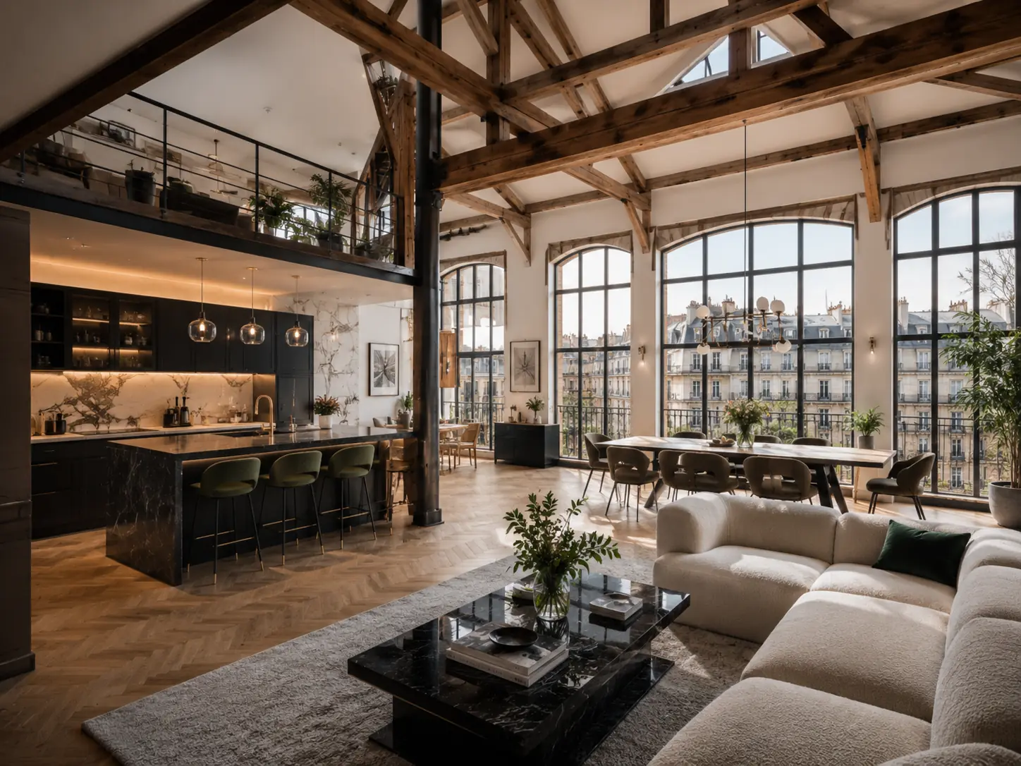 Loft lumineux avec grandes verrières, poutres apparentes et vue sur Paris, illustrant un bien atypique à estimer