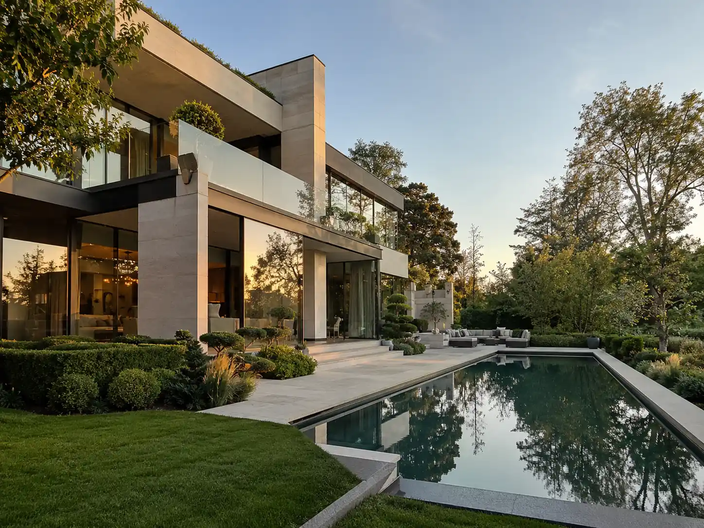 Maison contemporaine haut de gamme avec piscine, jardin paysager, grandes baies vitrées et architecture moderne