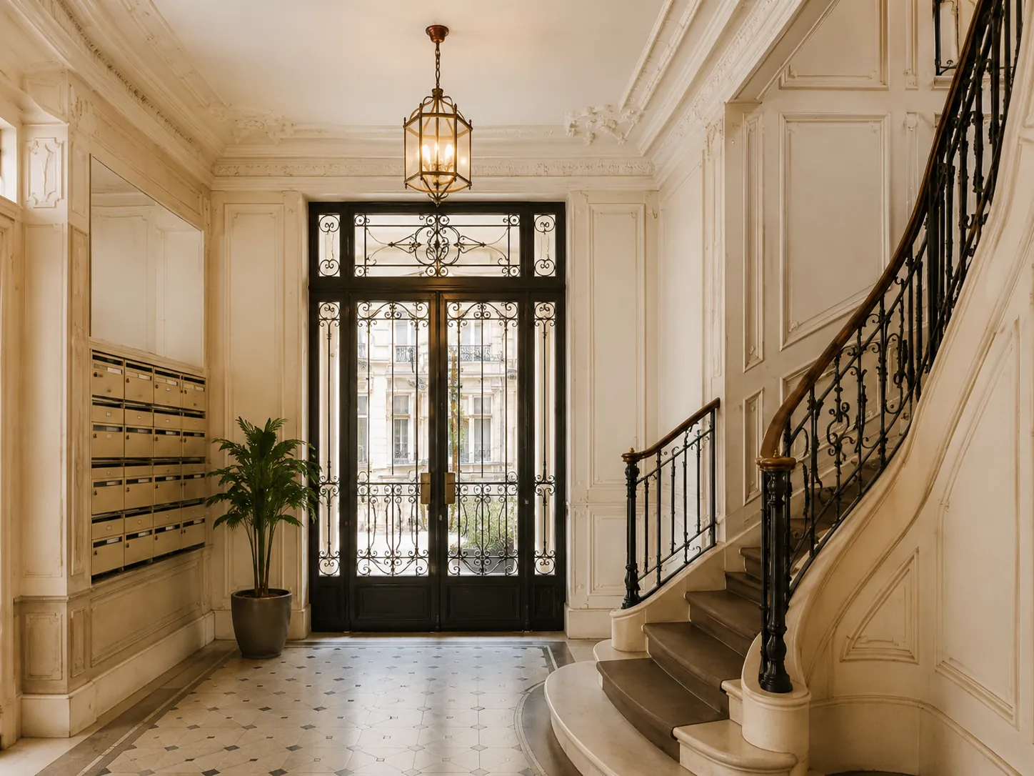 Hall d’entrée élégant et lumineux d’un immeuble parisien avec escalier, boîtes aux lettres et parties communes soignées