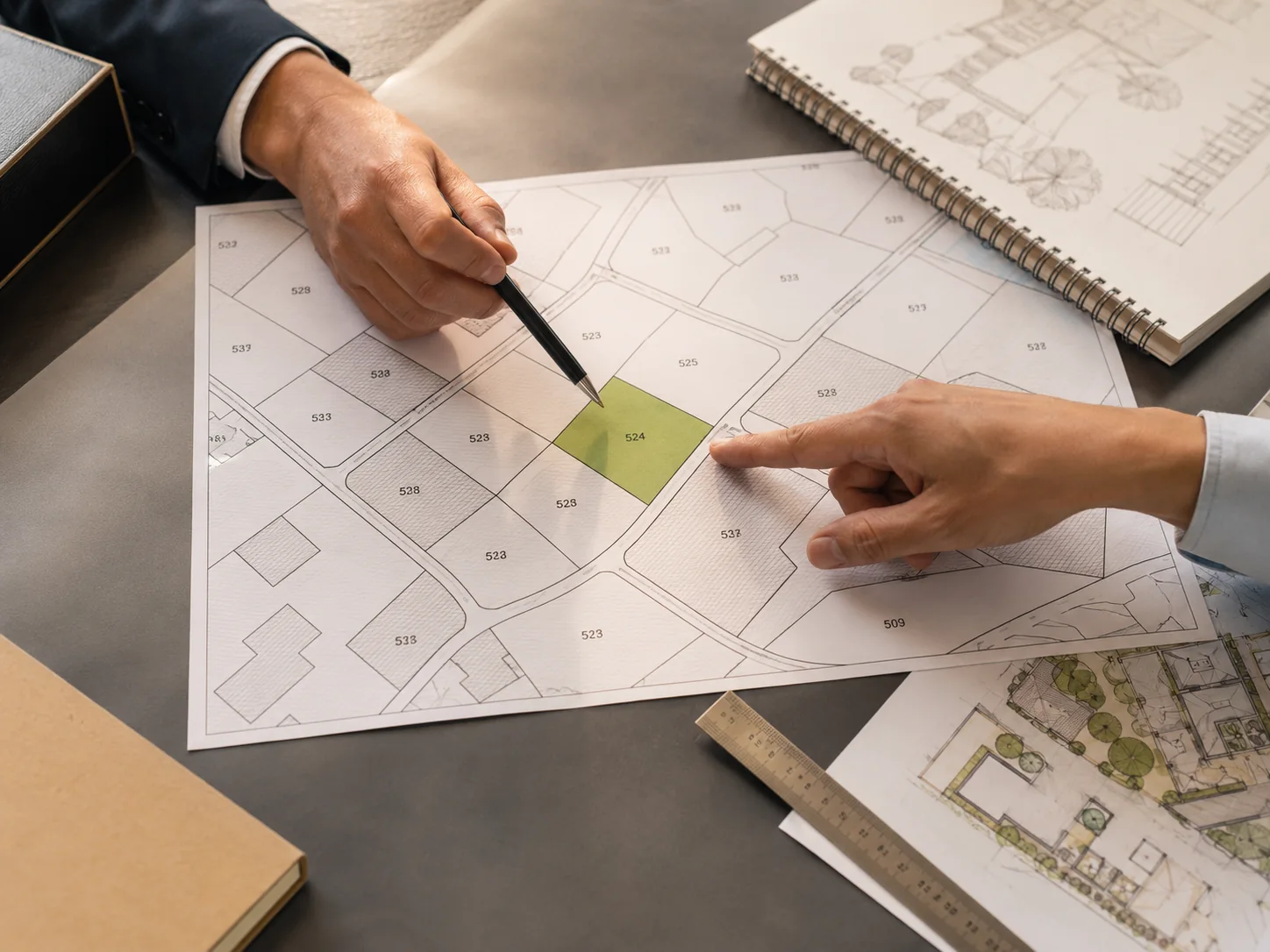 Plan cadastral et parcelle mise en évidence pour étudier le potentiel constructible d’un terrain