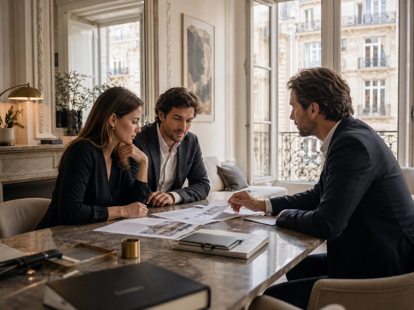 Acquéreurs préparant une offre d’achat immobilière avec un conseiller