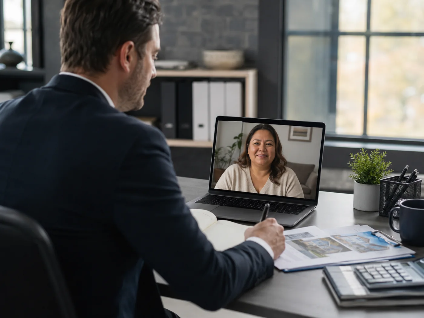 Conseiller immobilier en visioconférence avec une propriétaire souhaitant confier la gestion d’un bien déjà loué
