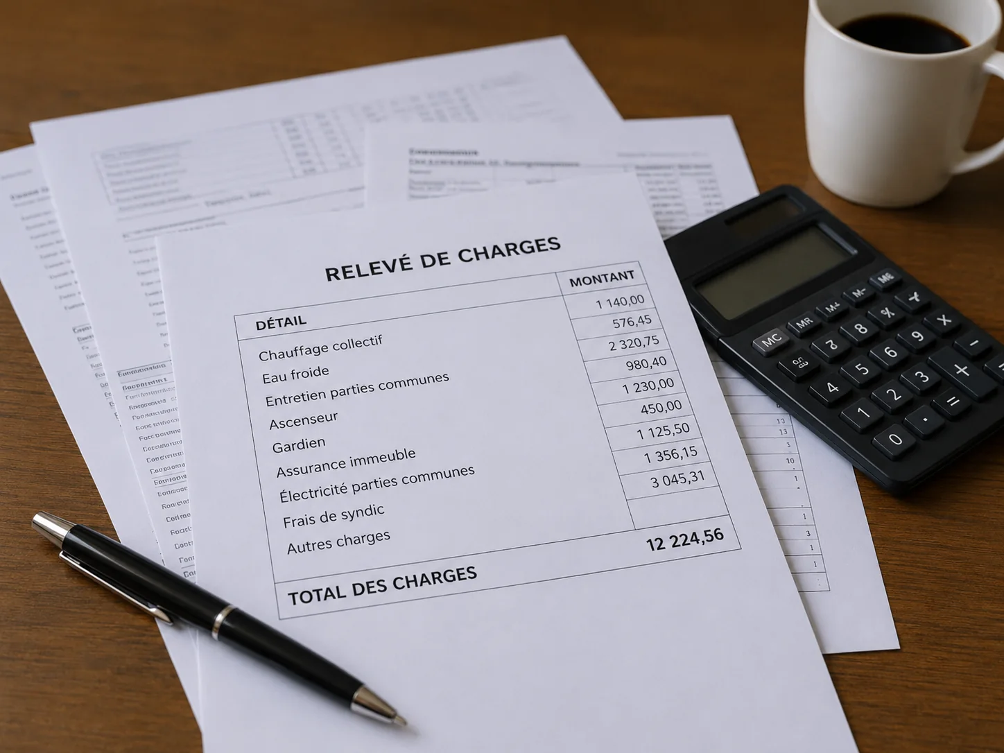Relevé de charges de copropriété avec calculatrice, stylo et documents comptables sur un bureau