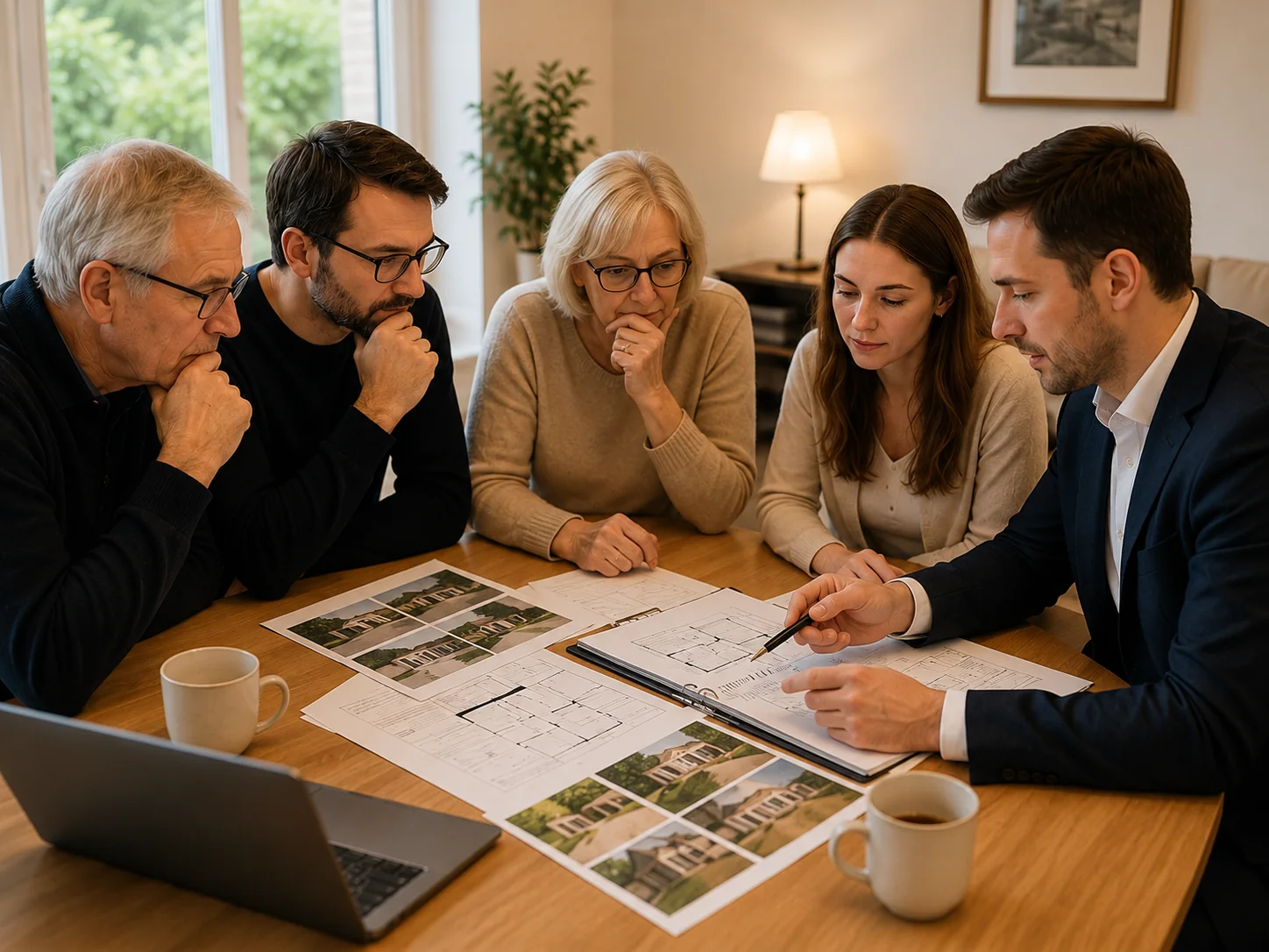 Famille réunie autour de plans et de documents pour une estimation immobilière en succession