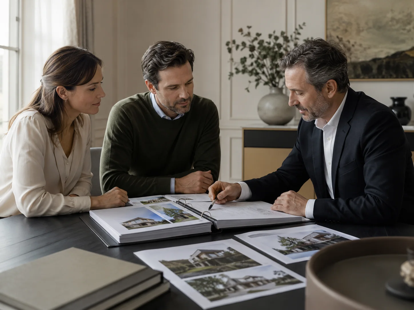Conseiller immobilier présentant un dossier d’évaluation à un couple dans un bureau moderne et sobre