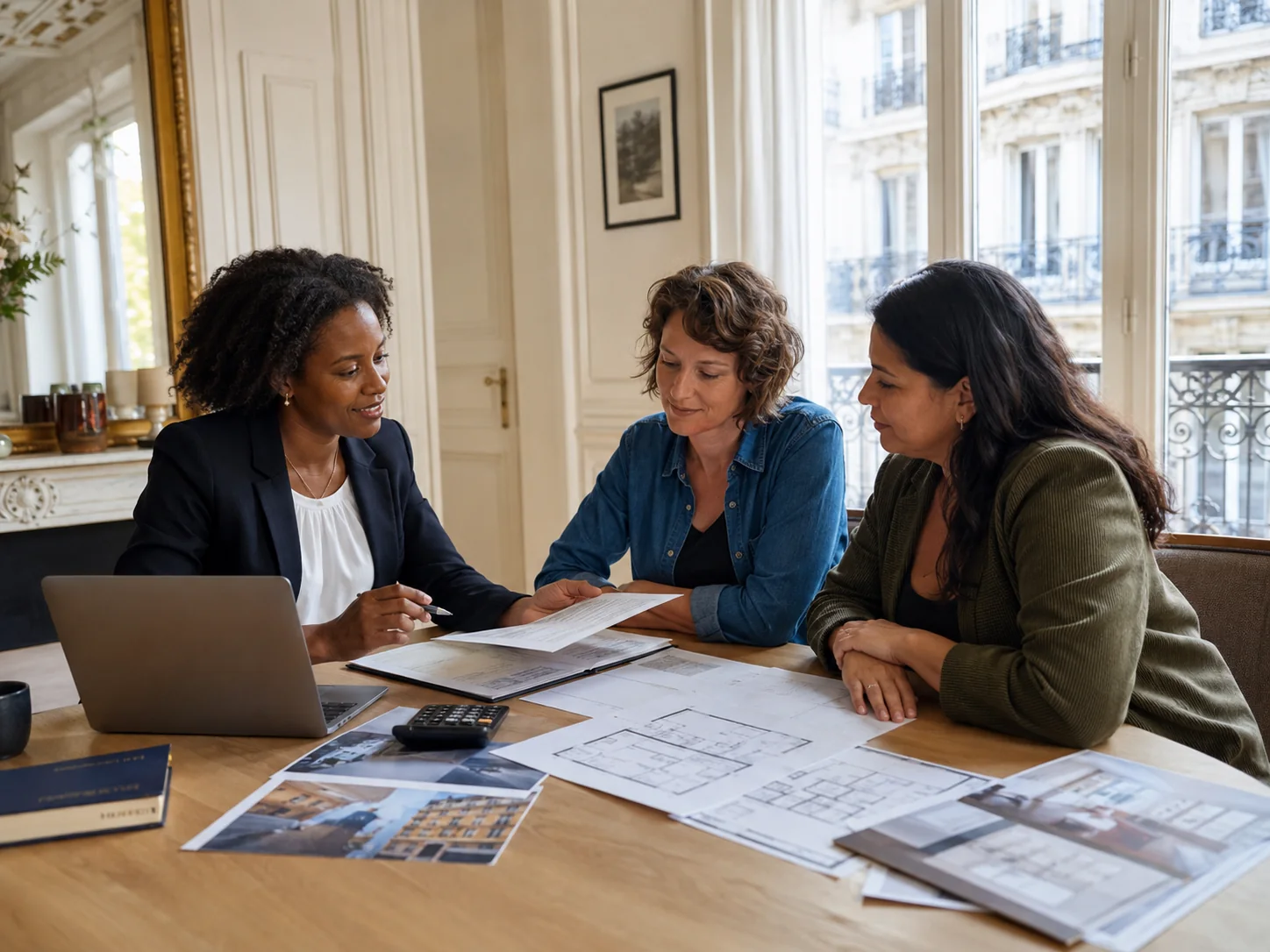 Conseiller immobilier échangeant avec une cliente autour de tableaux, calculs et maquette de résidence pour évaluer la performance d’un bien immobilier