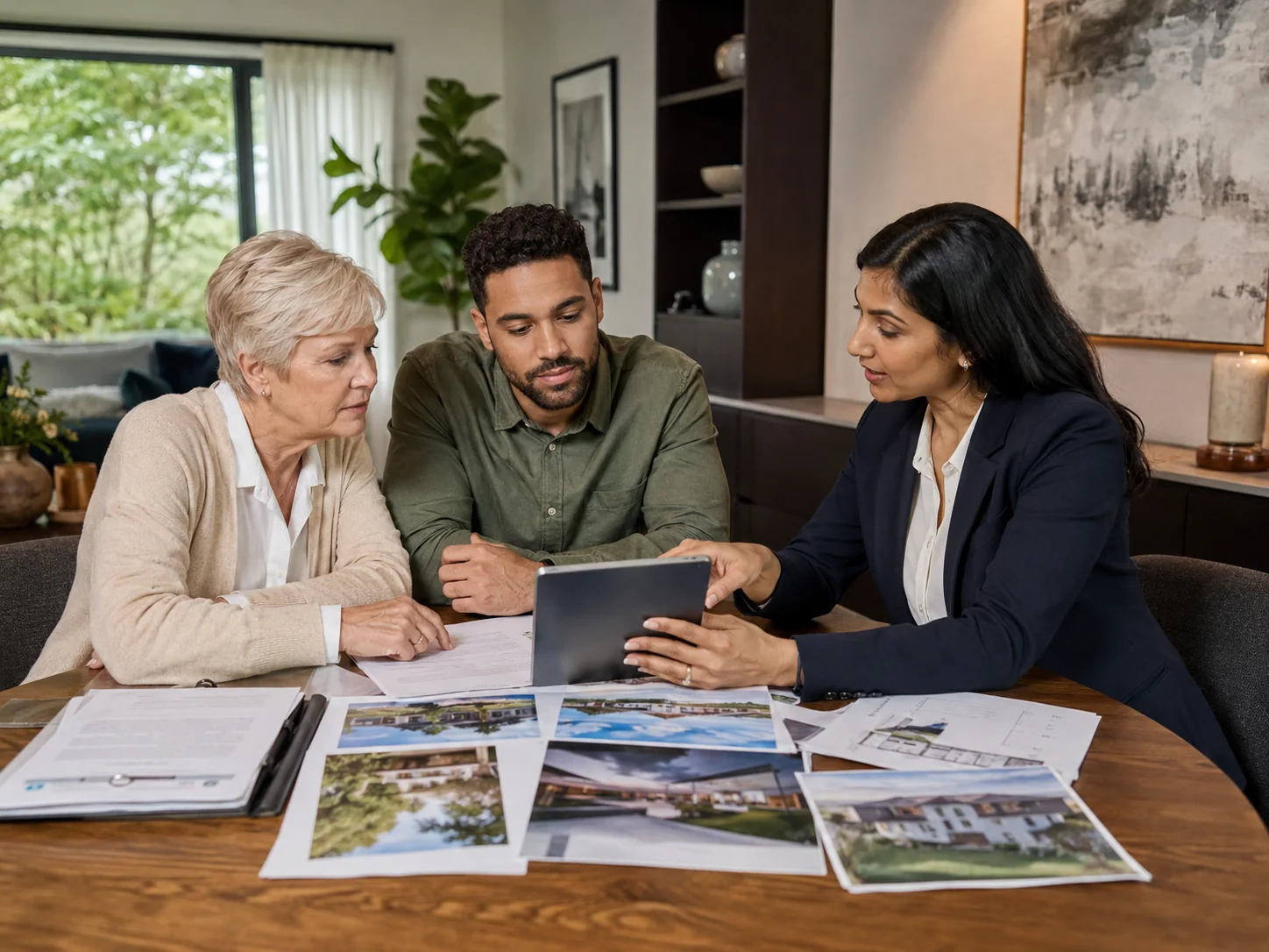 Conseillère immobilière présentant une analyse sur tablette à une cliente senior et à un client plus jeune autour de photos de biens immobiliers
