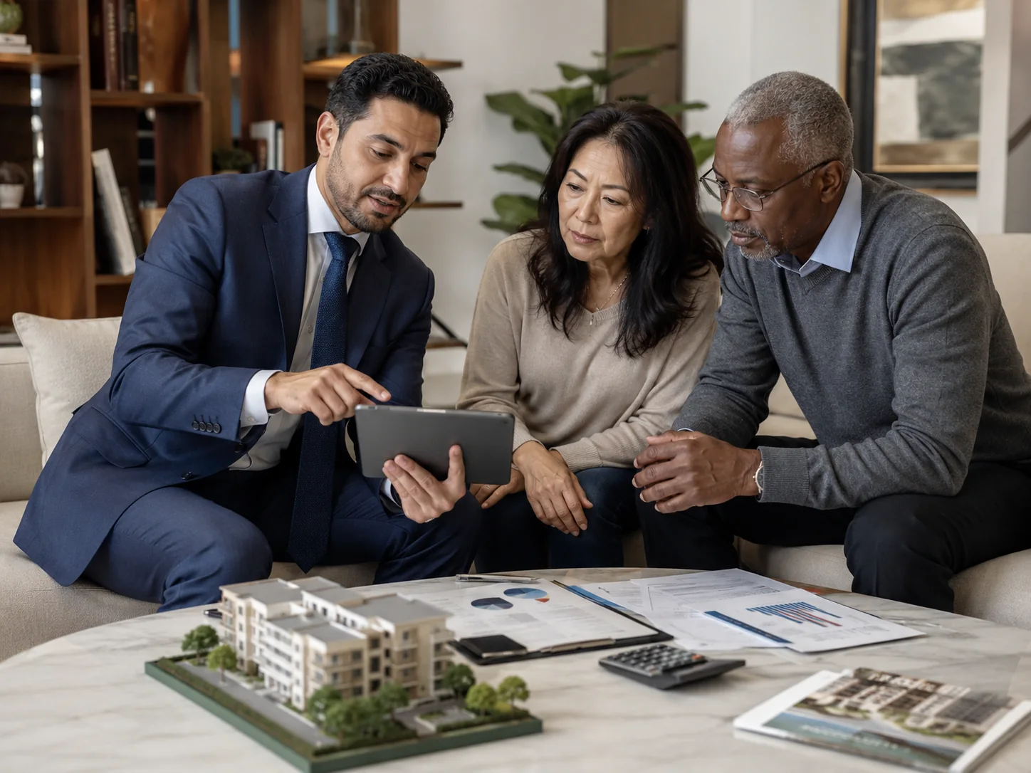 Conseillère immobilière échangeant avec un couple autour de documents liés à la rentabilité d’un bien immobilier