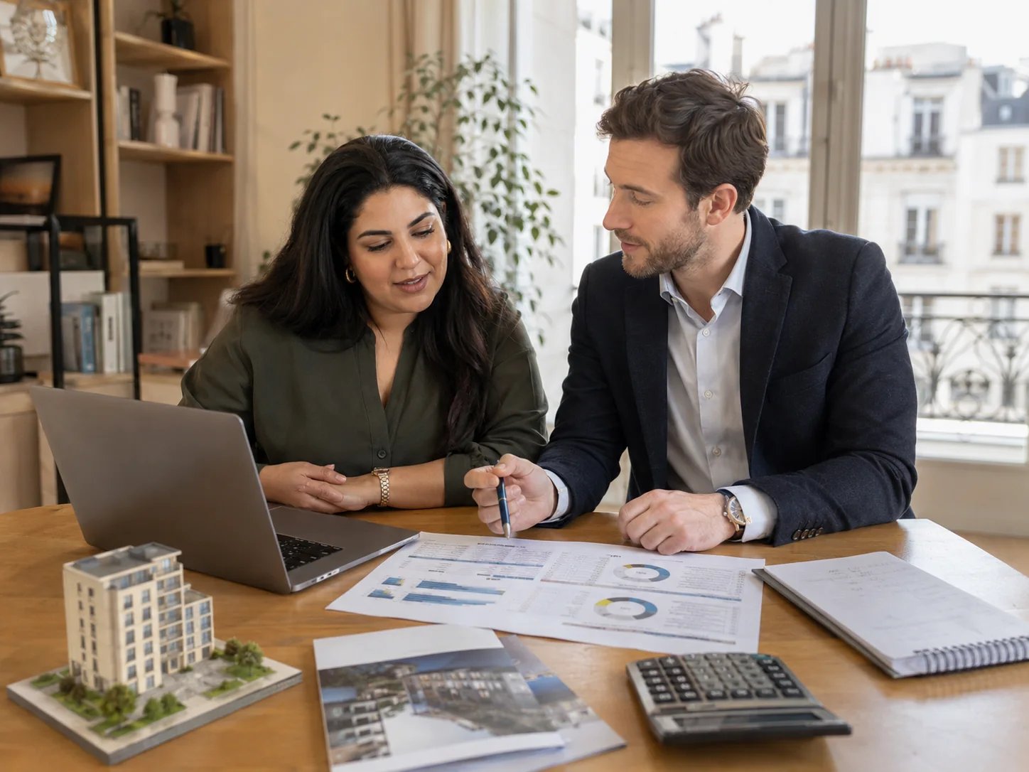 Conseillère immobilière présentant un document à deux clients dans un appartement lumineux avec vue urbaine