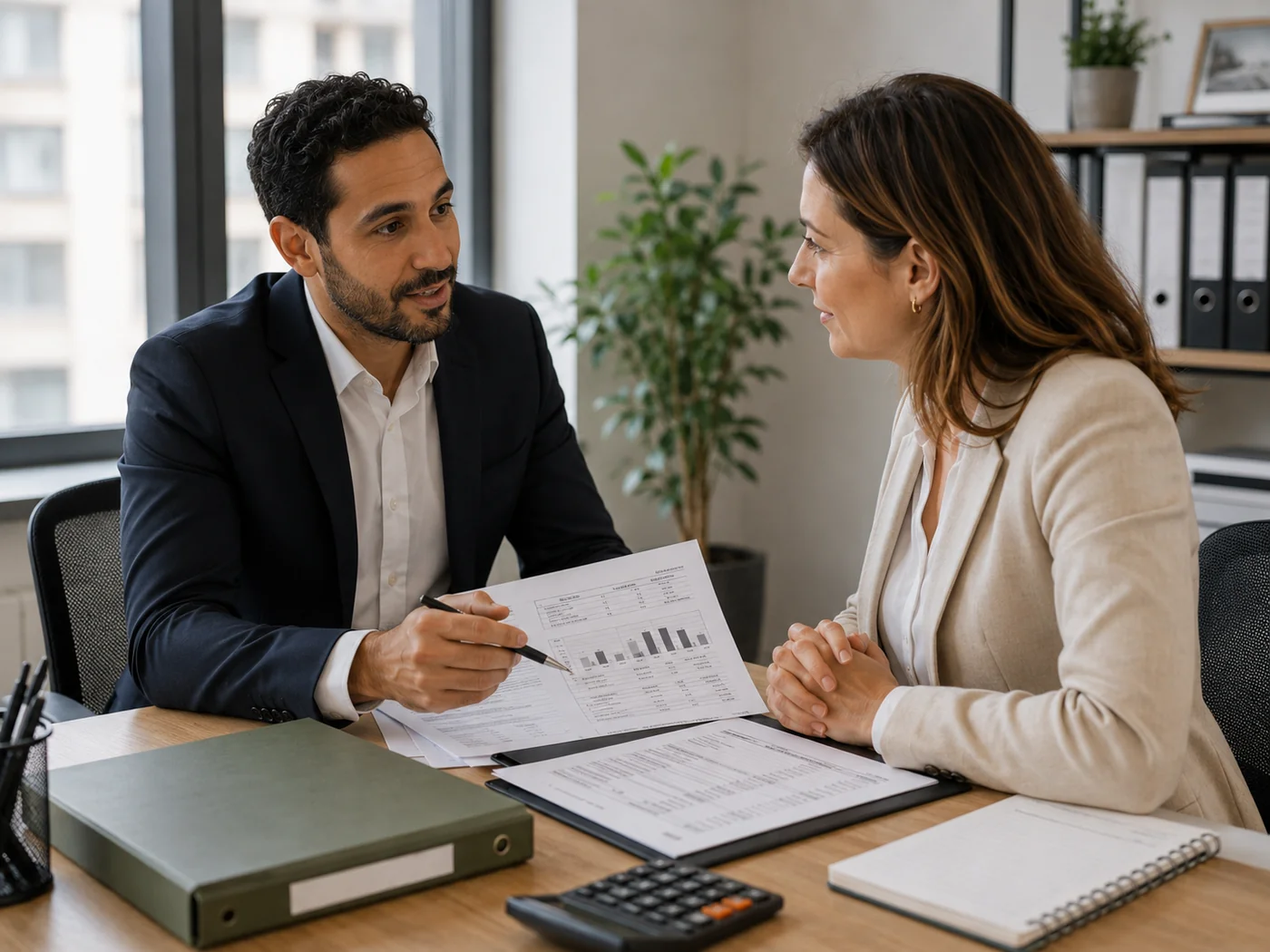 Conseiller immobilier présentant un compte rendu de gestion locative à une propriétaire