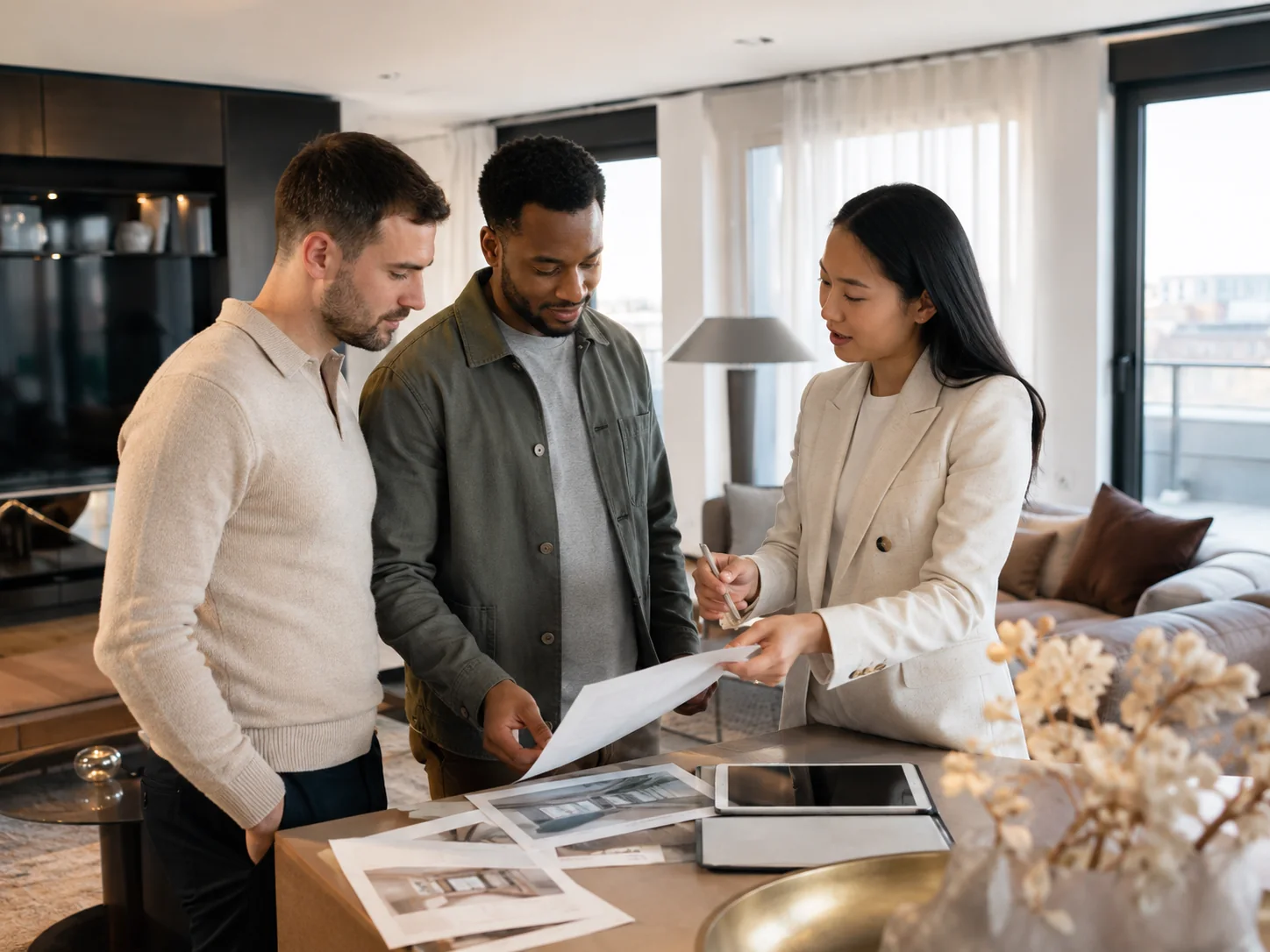 Conseillère immobilière présentant des documents à deux clients dans un appartement contemporain pour étudier un projet locatif