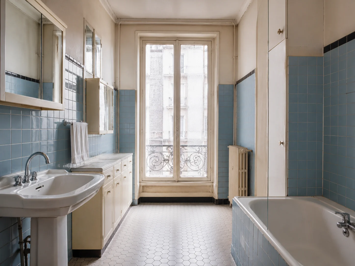 Salle de bain ancienne à rénover avant la vente d’un appartement