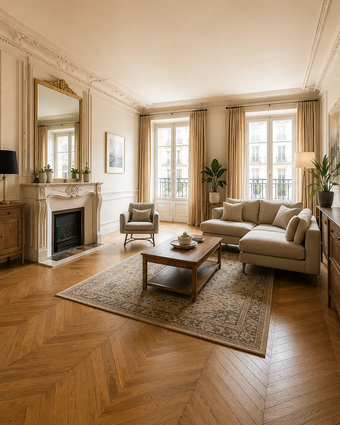 Salon haussmannien lumineux avec cheminée représentant un bien familial à estimer