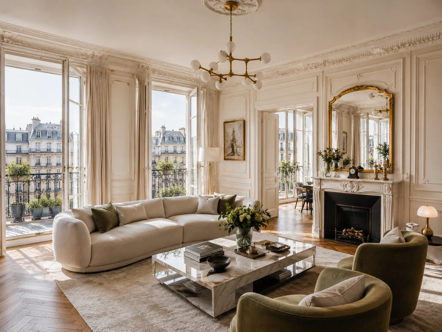 Salon parisien élégant avec moulures, cheminée, balcon et lumière naturelle, illustrant un bien haut de gamme à estimer