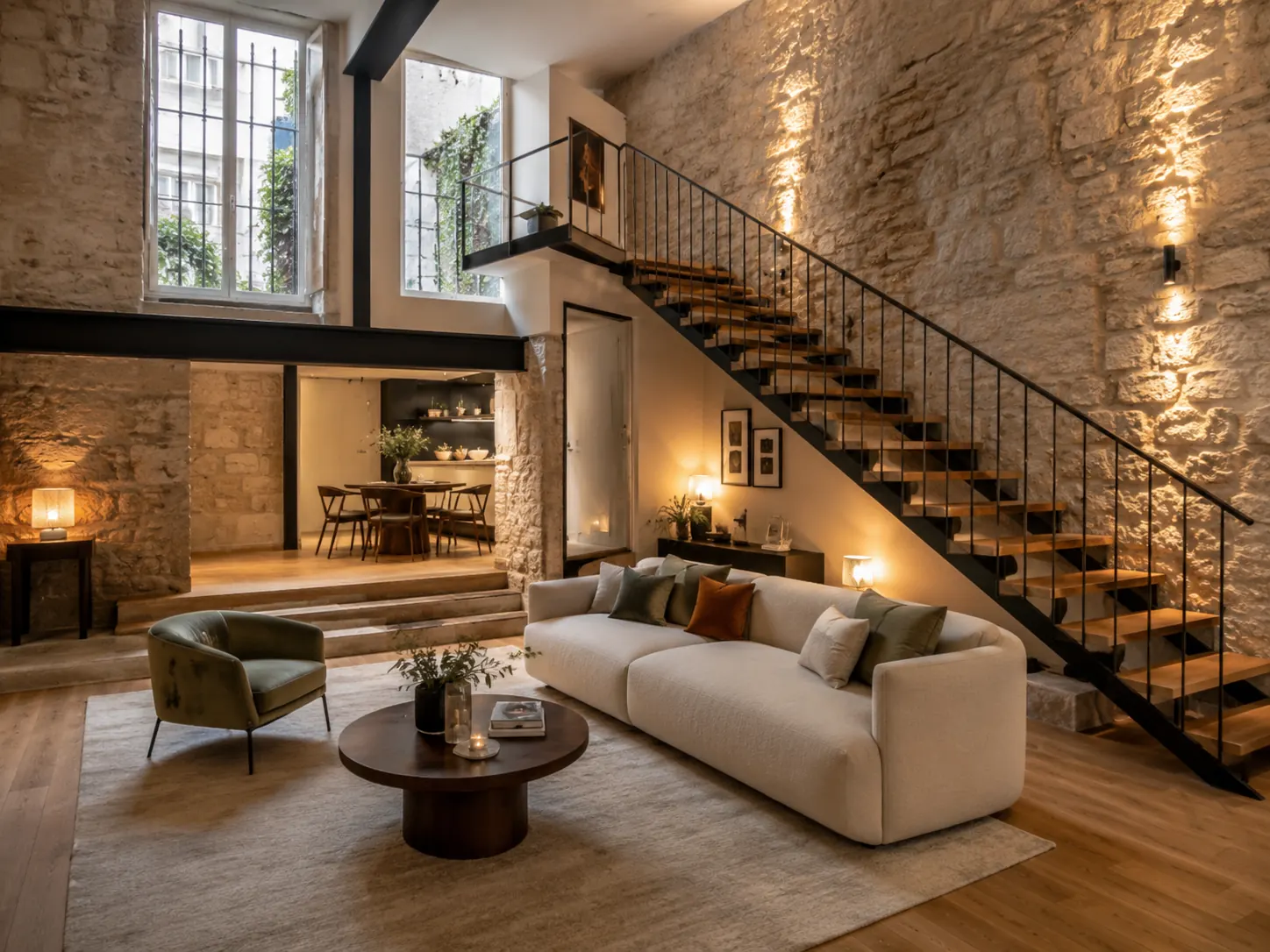Souplex atypique avec murs en pierre, escalier intérieur et espace de vie chaleureux, illustrant un bien immobilier particulier