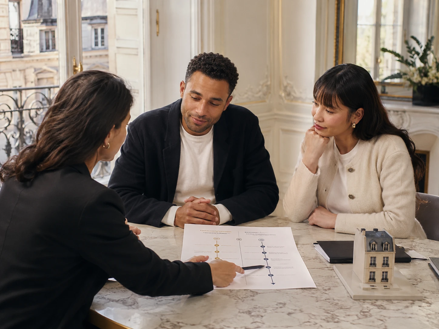 Couple de propriétaires en rendez-vous de conseil pour choisir entre vendre occupé ou attendre le départ du locataire