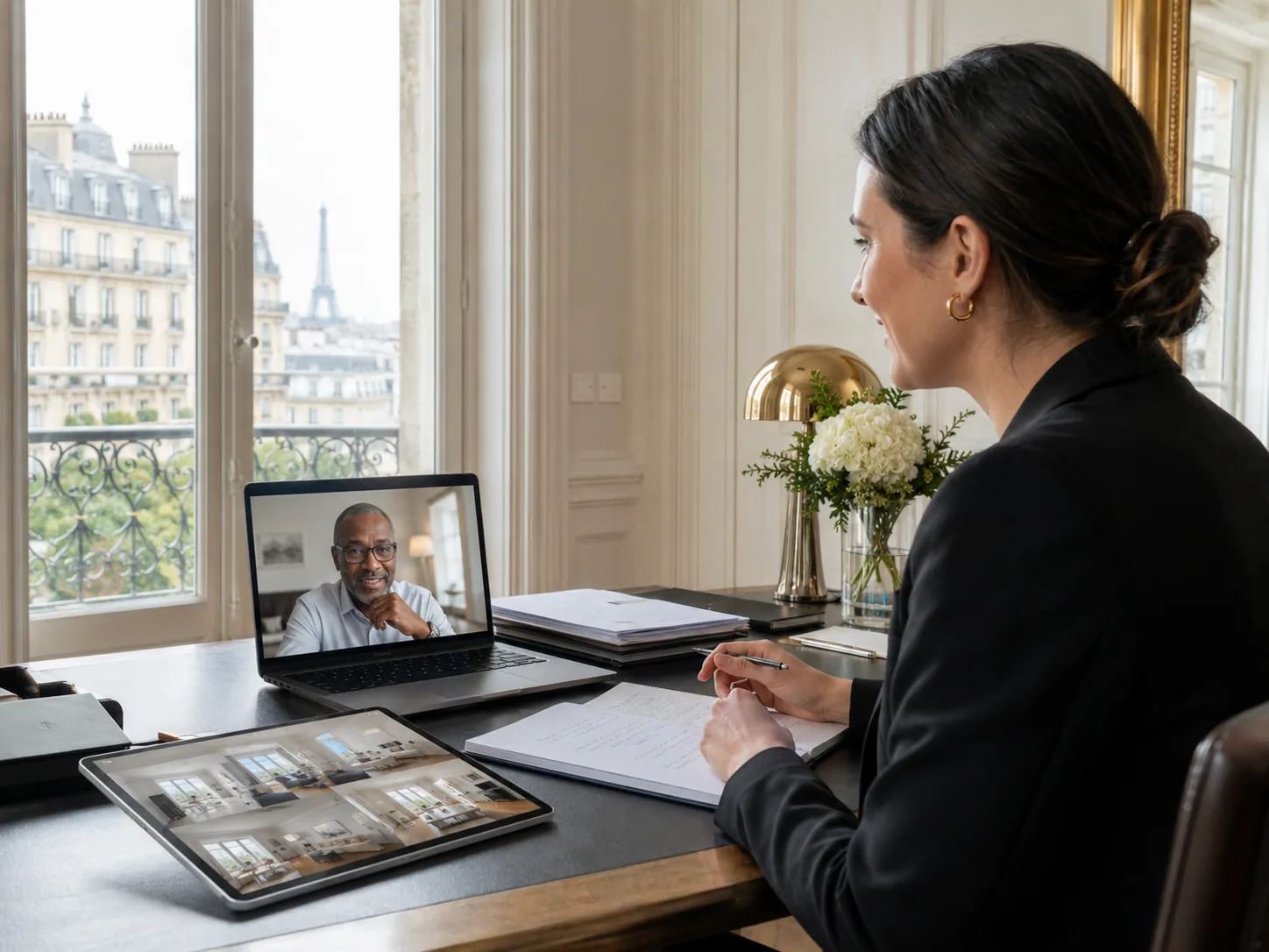 Famille réunie avec un conseiller immobilier pour vendre un bien en succession
