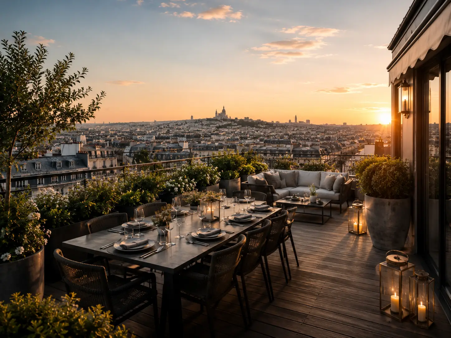 Grande terrasse avec vue panoramique sur Paris au coucher du soleil, illustrant un bien immobilier rare et haut de gamme