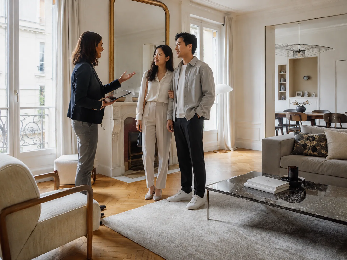Couple asiatique visitant un appartement parisien lumineux avec une professionnelle de l’immobilier