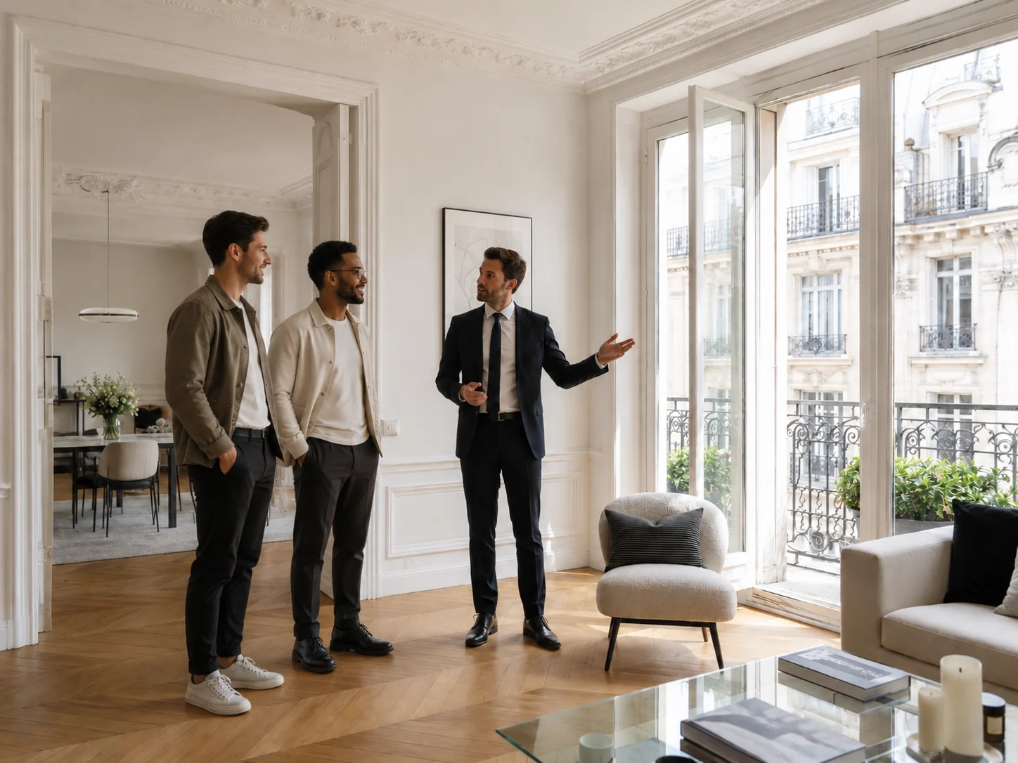 Couple d’hommes visitant un appartement parisien avec un agent immobilier