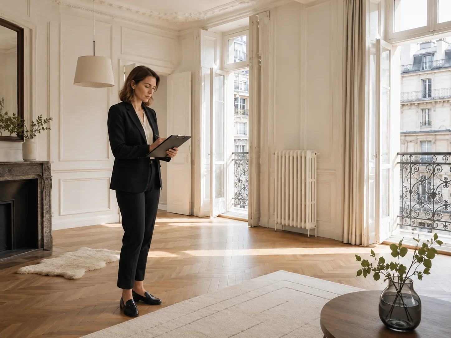 Professionnelle évaluant l’état d’un appartement avant mise en vente