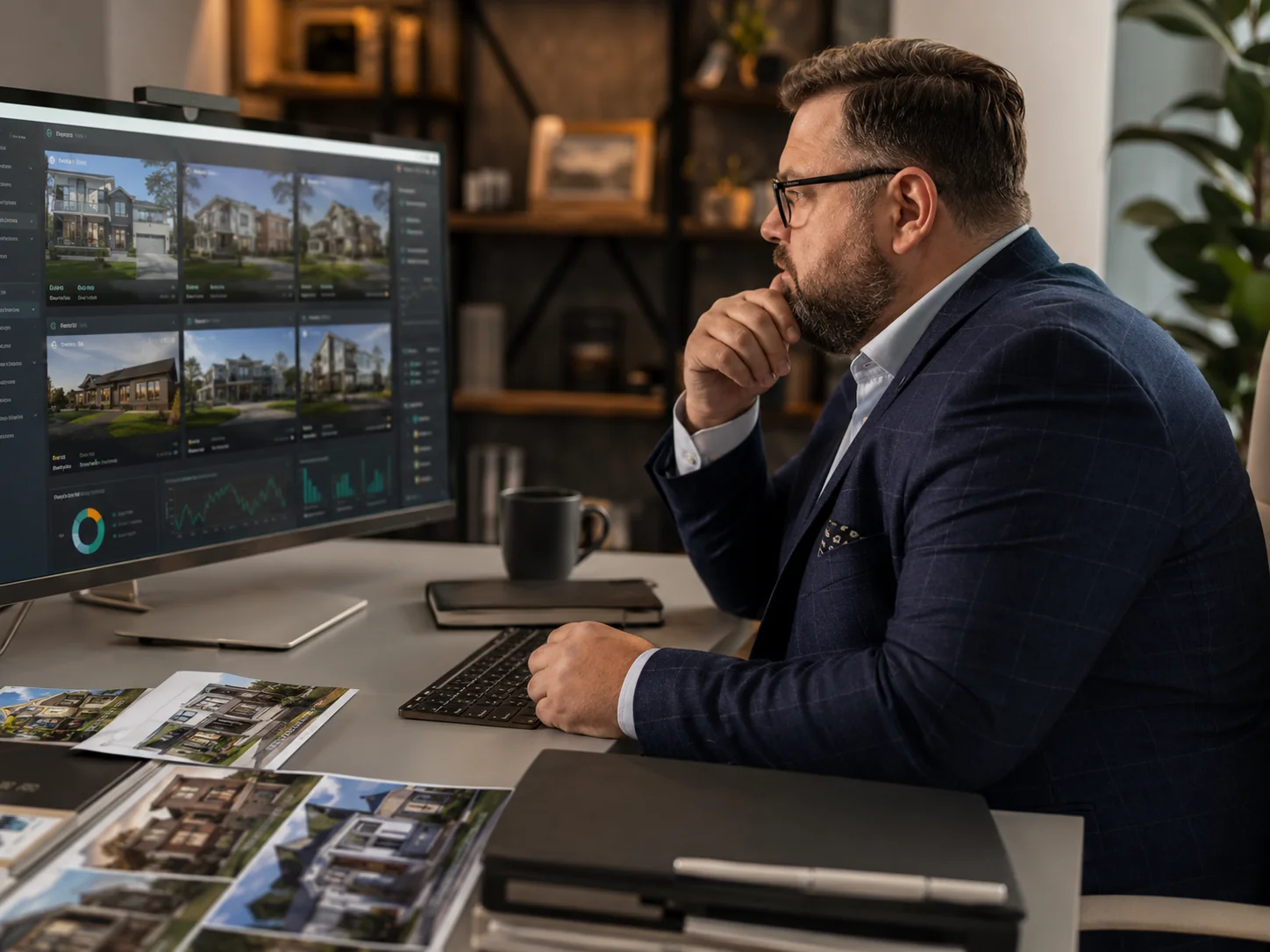 Propriétaire analysant un tableau de bord de plusieurs biens immobiliers loués