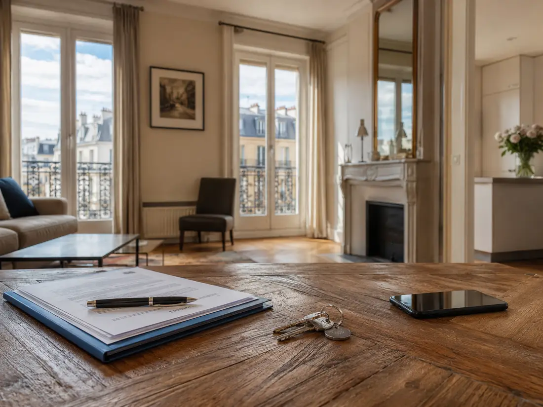 Appartement parisien lumineux avec dossier de location, clés et téléphone posés sur une table