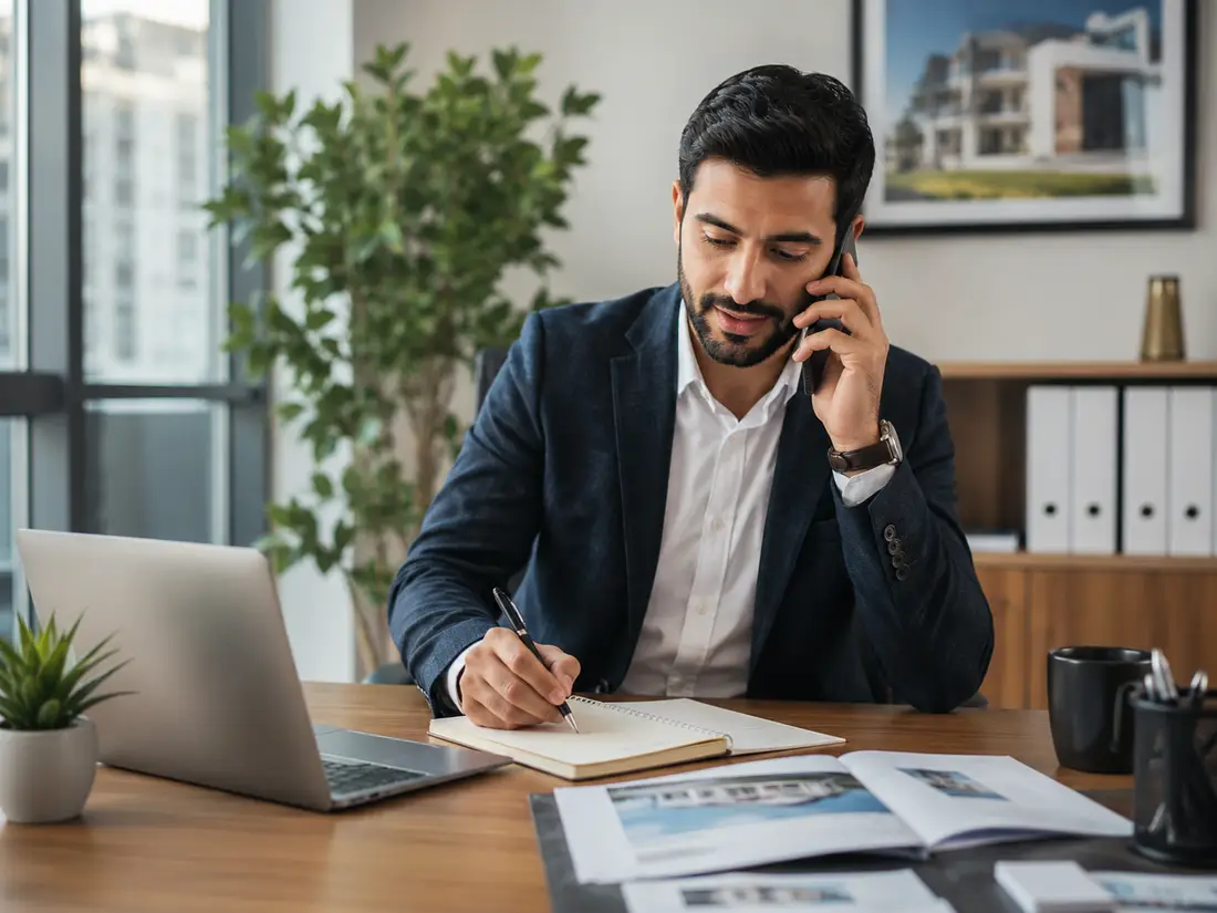 Conseiller immobilier au téléphone avec un propriétaire éloigné pour organiser la gestion locative d’un logement