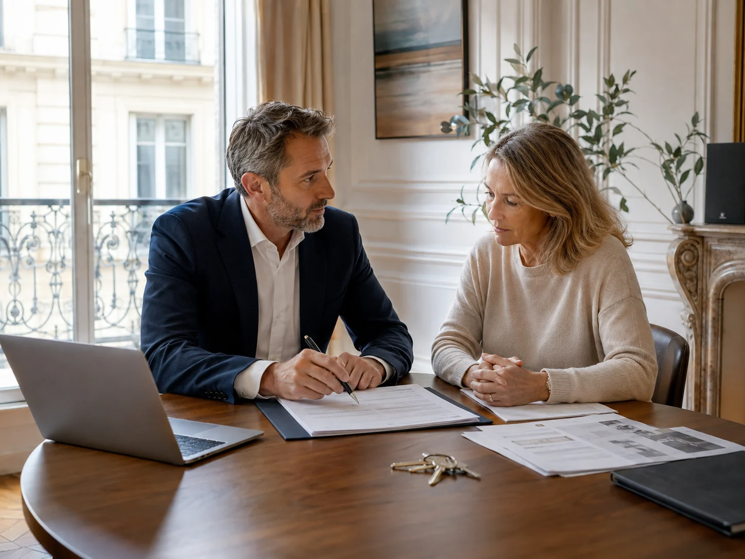 Conseiller immobilier et propriétaire préparant un bail de location avec diagnostics et clés