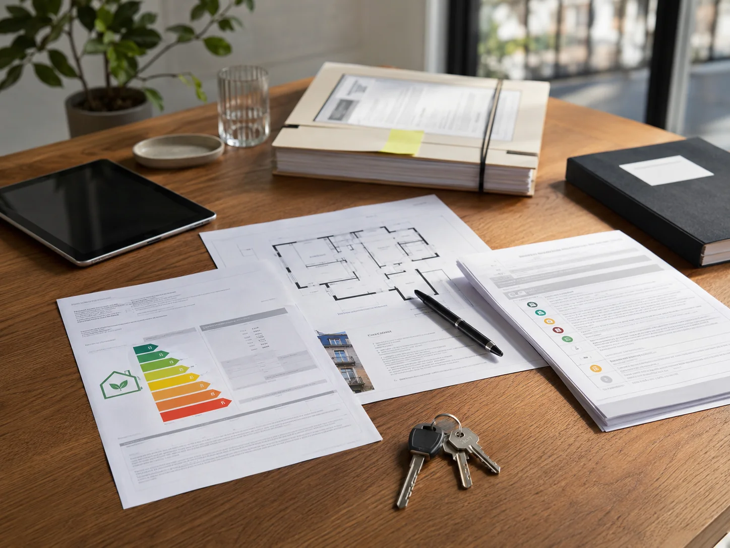 Diagnostics immobiliers, plan, dossier de copropriété et clés préparés avant la signature d’un bail