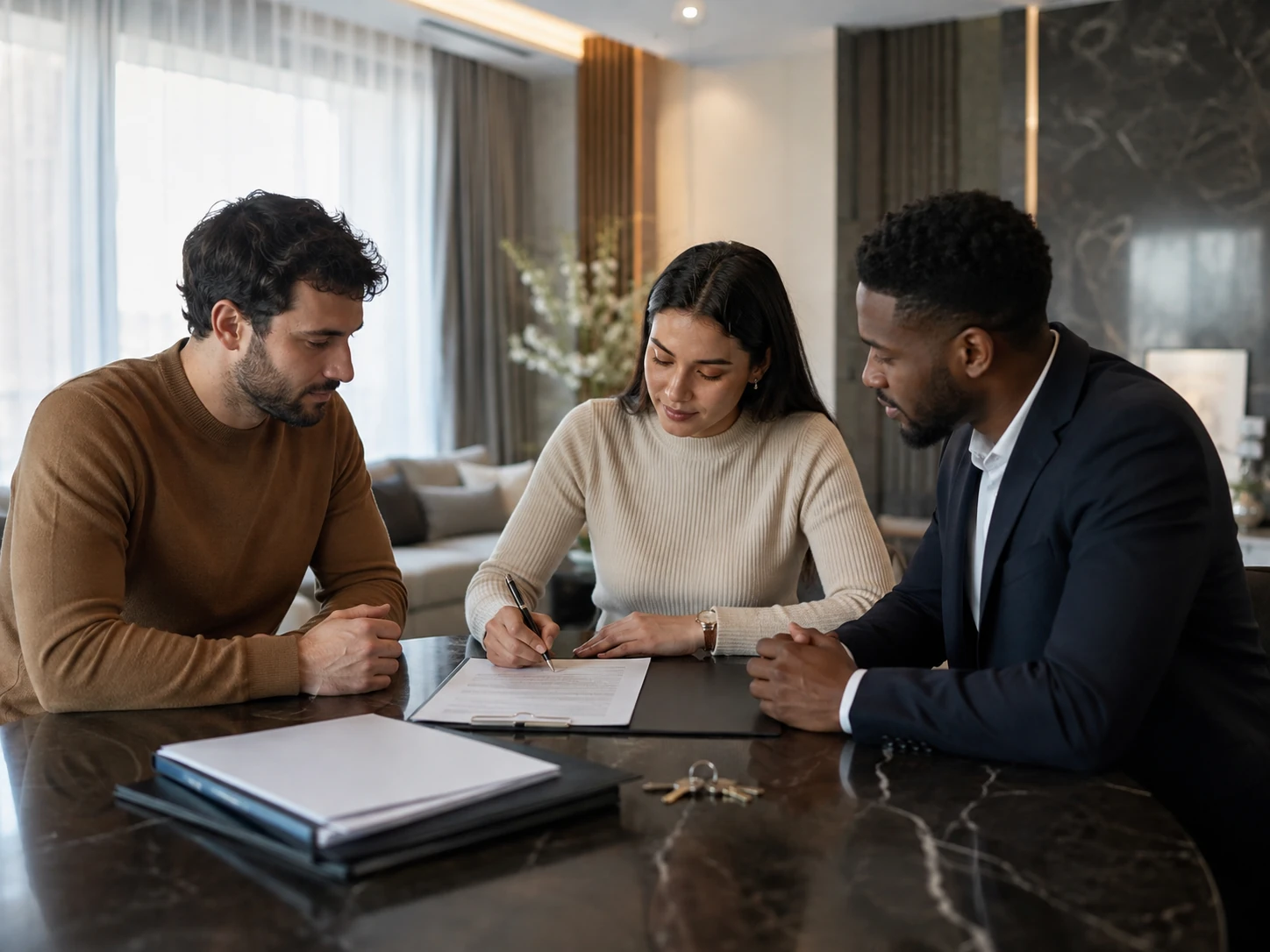 Propriétaire, locataire et conseiller immobilier finalisant et signant un bail de location