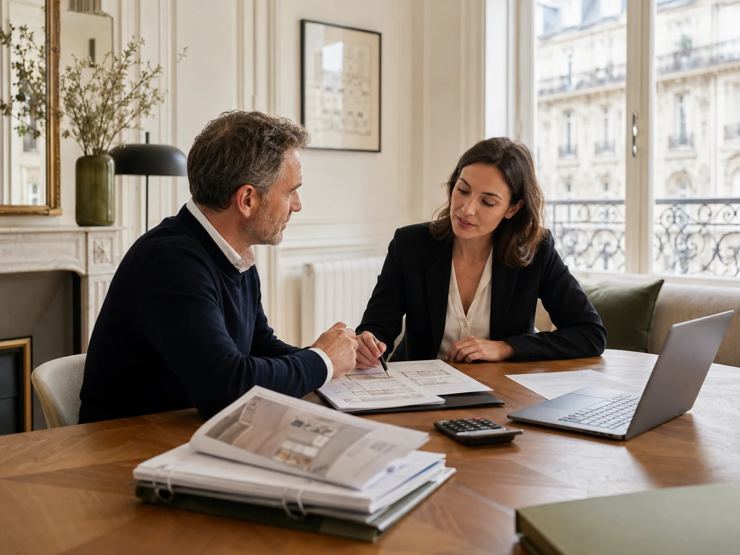 Propriétaire bailleur et conseillère immobilière analysant le montant d’un loyer avant mise en location