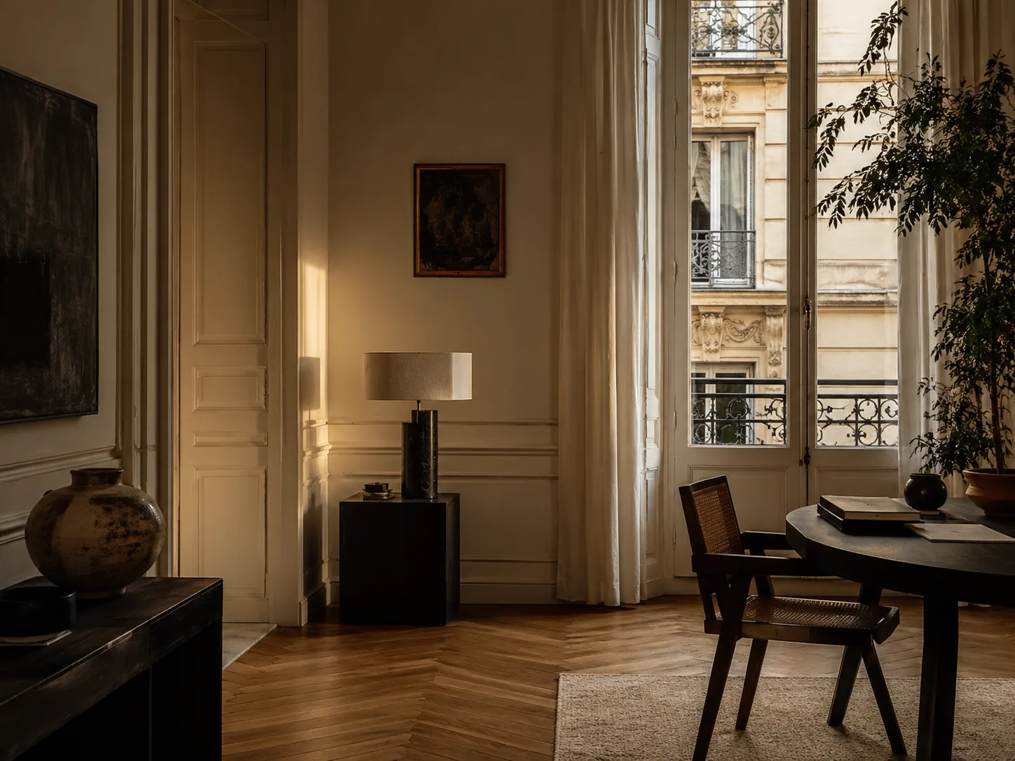 Intérieur parisien contemporain baigné d’une lumière chaleureuse de fin de journée
