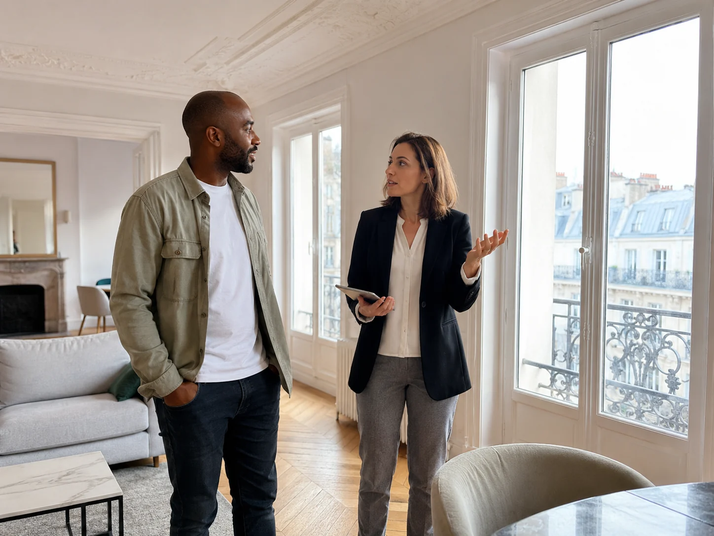 Visite individuelle d’un appartement avec échange entre un candidat locataire et une professionnelle de l’immobilier