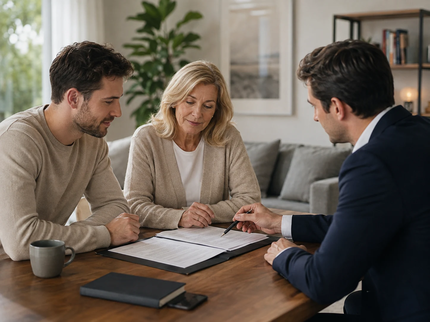 Locataire et proche se portant garant lors d’un échange avec un professionnel immobilier
