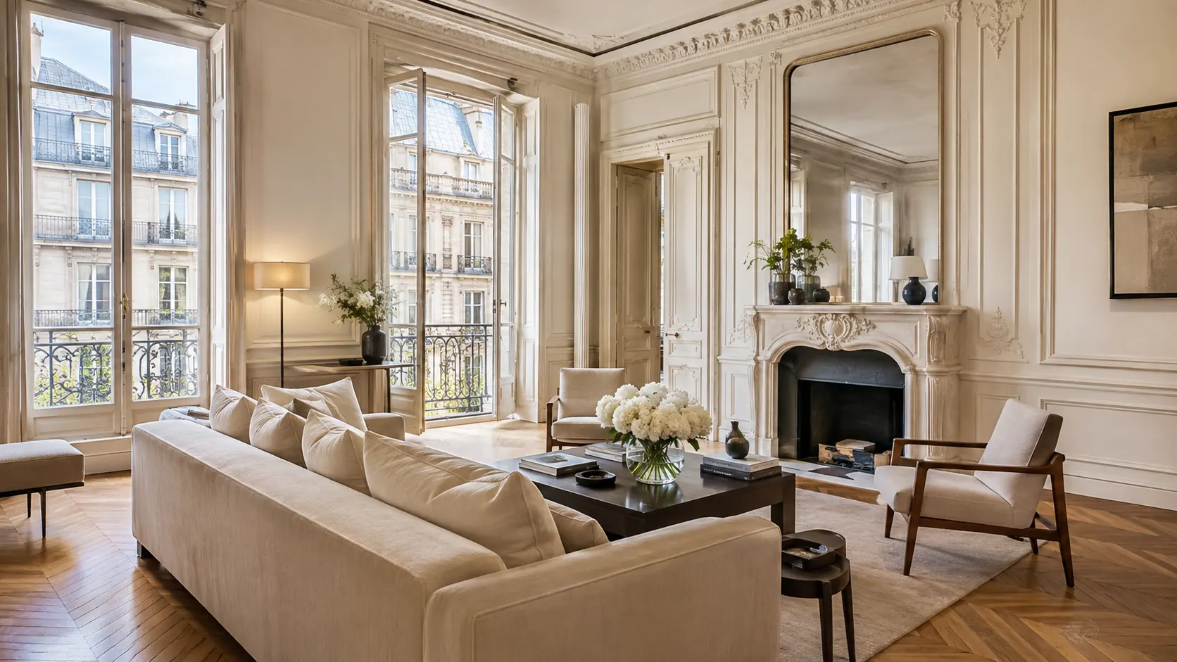 Séjour haussmannien parisien lumineux illustrant l'accompagnement de LUDAEL Immobilier
