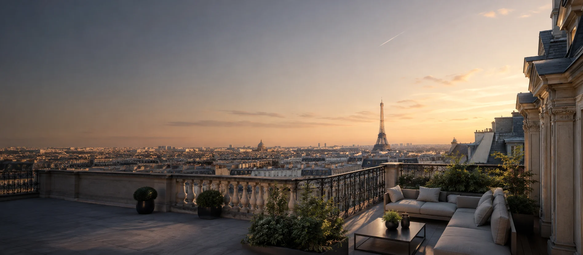 Terrasse parisienne avec vue sur les toits de Paris et la Tour Eiffel